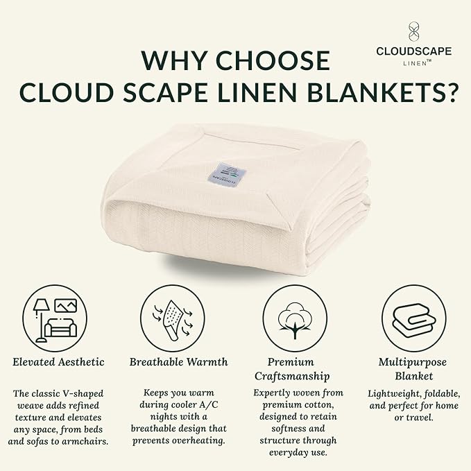 Cloud Scape Linen 100% Cotton Queen Size Blanket, Herringbone Pattern, Lightweight Summer Blanket,Best Gifts for Women, fits Full Size Bed, 92 x 92, Ivory