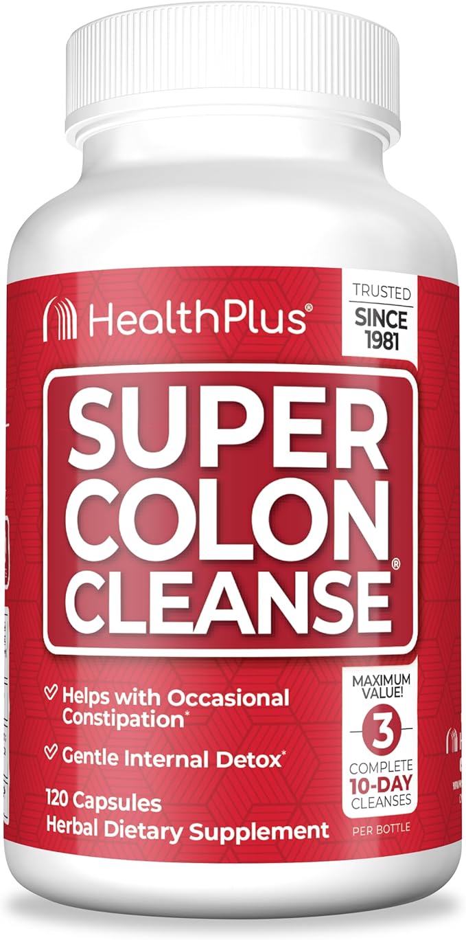 Health Plus Super Colon Cleanse 30 Day Supply of Gentle Gut Cleanse Detox, Psyllium Husk, Probiotics for Constipation Relief & Digestive Support, 120 Capsules