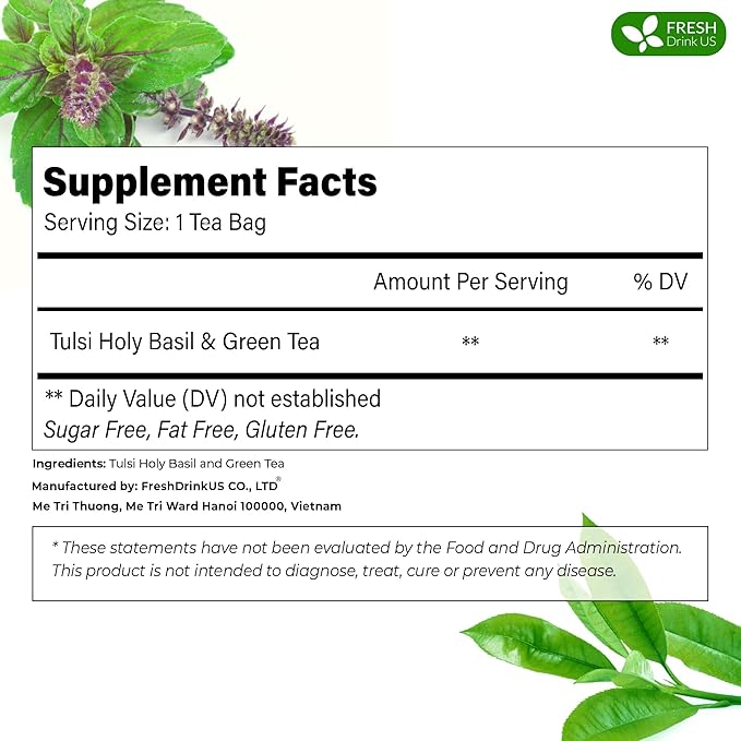FreshDrinkUS, Premium 30 Tulsi Green Tea Bags, 100% Natural, Blend of Tulsi Holy Basil Leaves, and Green Tea Leaves. Made with Natural Material Tea Bags. No Sugar, Vegan.