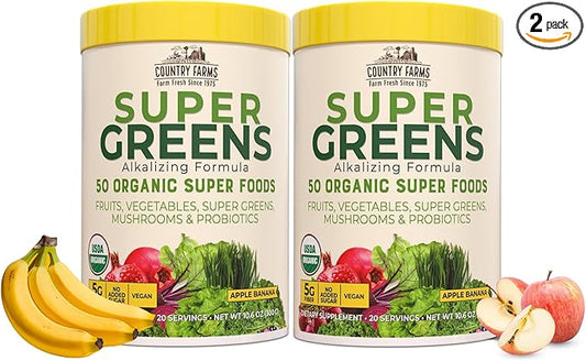 Country Farms Super Greens Apple Banana Powder Smoothie, Organic Super Foods, USDA Organic Drink Mix, Fruits, Vegetables, Mushrooms, Superfood Nutrition, 40 Servings, 2 Pack