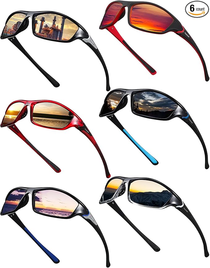 Frienda 6 Pack Polarized Sport Sunglasses for Men Multipack Fit over Glasses Pack Lot Set Men's Sport Fishing Eyeglasses