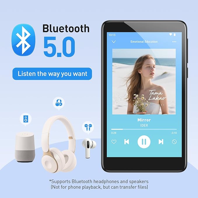 AGPTEK 96GB MP3 Player with Bluetooth and WiFi, T08X 4'' Android 14 MP4 Music Player with Spotify, Audible, APP Store, Up to 1TB, Black