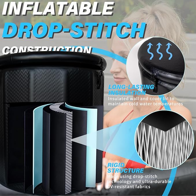 Inflatable Ice Bath Tub for Athletes - Cold Plunge Tub Compatible Water Chiller, Insulated Lid, EVA Groundsheet, Backpack, 130 Gallon, 39" L x 39" W x 35.4" H