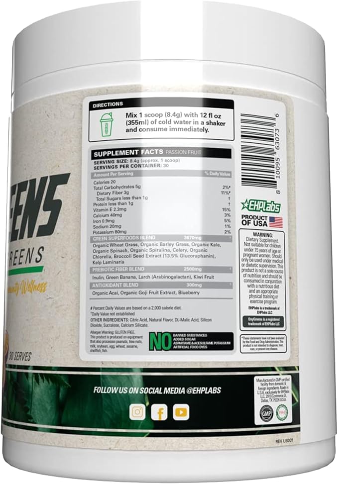 EHP Labs OxyGreens Super Greens Powder - Spirulina & Chlorella Superfood, Green Juice Powder & Greens Supplements with Prebiotic Fibre, Antioxidants & Immunity Support, 30 Serves (Passionfruit)