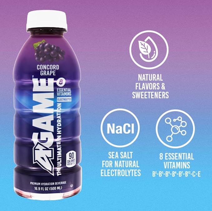 A-GAME Sports Drink, Concord Grape, The Ultimate Hydration Sports Beverage for Athletes, 8 Essential Vitamins including B, C, & E plus Natural Sea Salt Electrolytes, All Natural Flavors & Sweeteners, Gluten Free, 16 Fl Oz (Pack of 12)