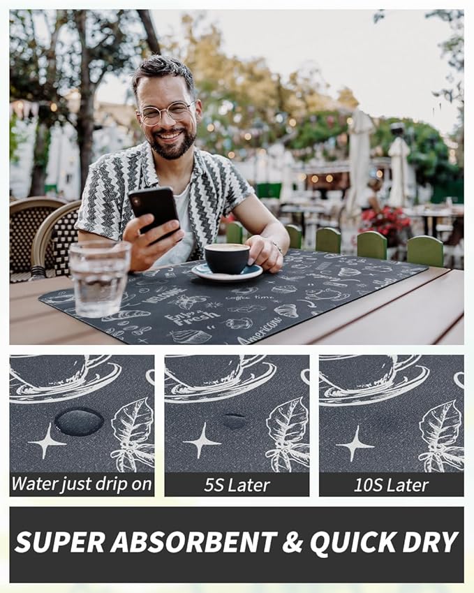 AMOAMI Coffee Mat - Hide Stain, Rubber Backed, Absorbent Dish Drying Mat for Kitchen Counter - Fits Under Coffee Maker & Machine - 16X24, Dust Blue