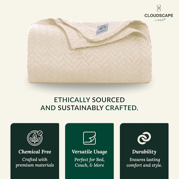Cloud Scape Linen 100% Cotton Queen Size Blanket, Herringbone Pattern, Lightweight Summer Blanket,Best Gifts for Women, fits Full Size Bed, 92 x 92, Ivory