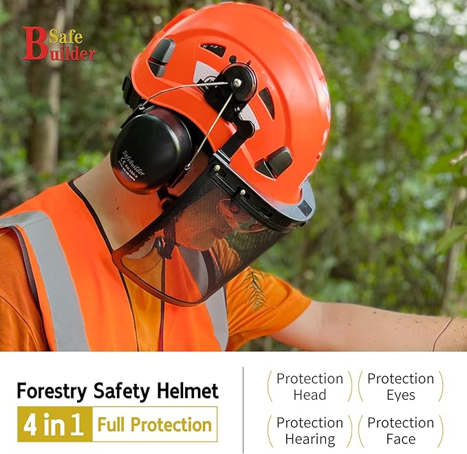 Forestry Safety Helmet with Build-in Visor Mesh Face Shield Ear Muffs 4 in 1 Chainsaw Safety Hard Hats