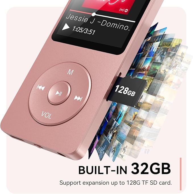 AGPTEK A02 MP3 Player with Bluetooth 5.3, 1.8 inch Screen Portable Music Player with Speaker, FM Radio, Voice Recorder, Supports Expanded Up to 128GB(Rose Gold, 32GB)