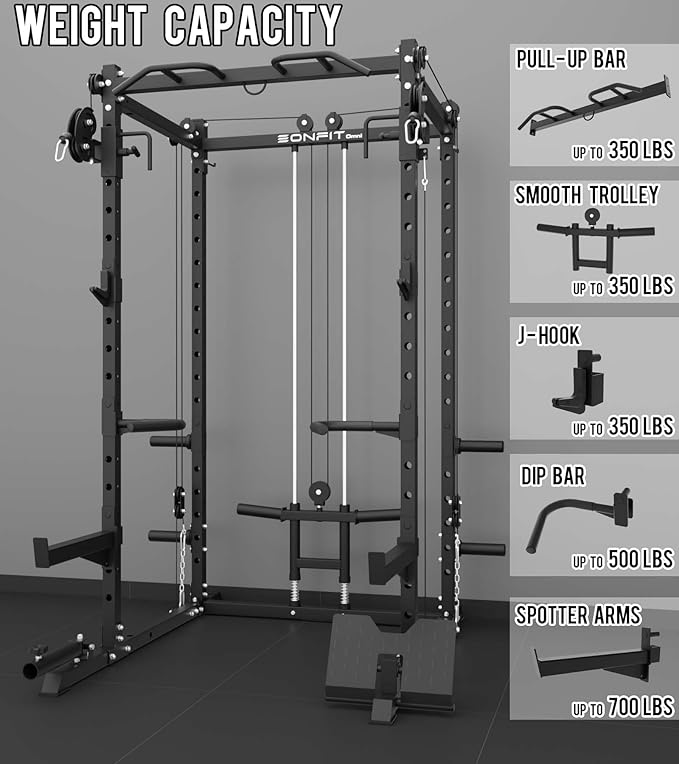 Eonfit E2 Power Cage，1500LB Squat Rack with Cable Crossover System.Multi-Function Power Rack for Home Gum.All-in-One Squat Rack with More Training Attachments