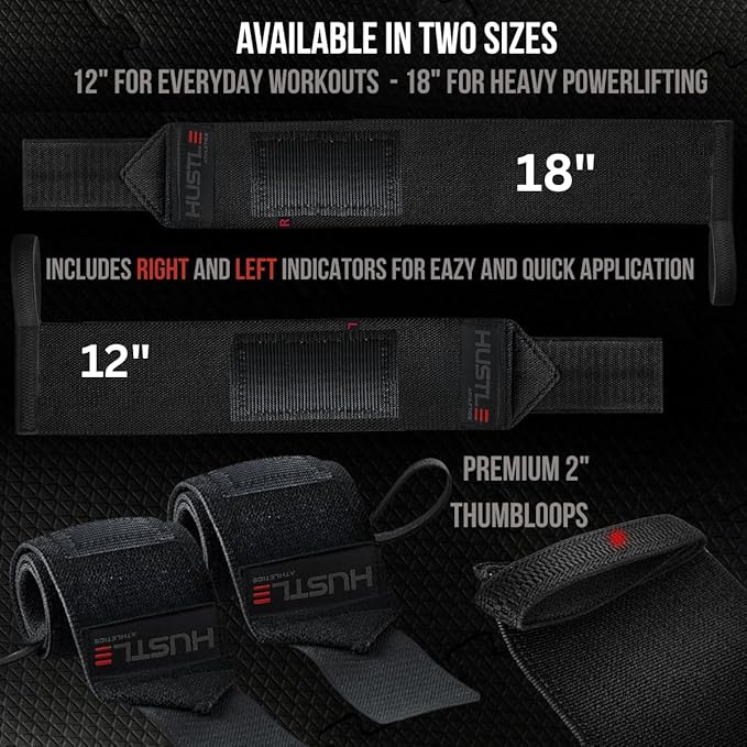 Hustle Athletics Wrist Wraps for Weightlifting – Max Wrist Support for Safe & Heavy Lifts, USPA Approved 18" & 12" Lengths, Thumb Loop Gym Straps for Powerlifting & Weight Lifting for Men and Women