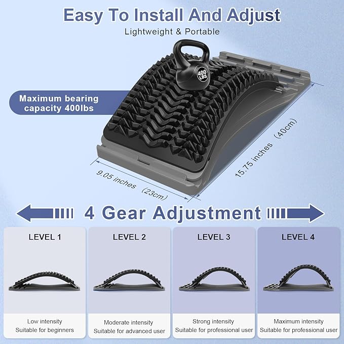 Back Stretcher for Lower Back Pain Relief, 4 Level Adjustable Arch Lumbar Back Cracker Board, Back Cracking Device, Back Massager for Scoliosis, Spine Decompression Support - Grey