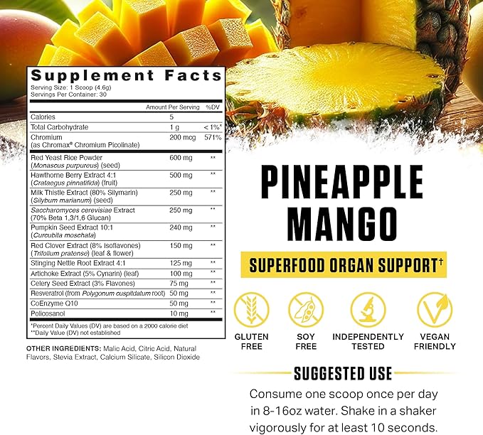 Ambrosia Nektar - Superfood Powder | Complete Health Supplement | Organ Support - Liver, Kidney Health | 30 Servings (Pineapple Mango)