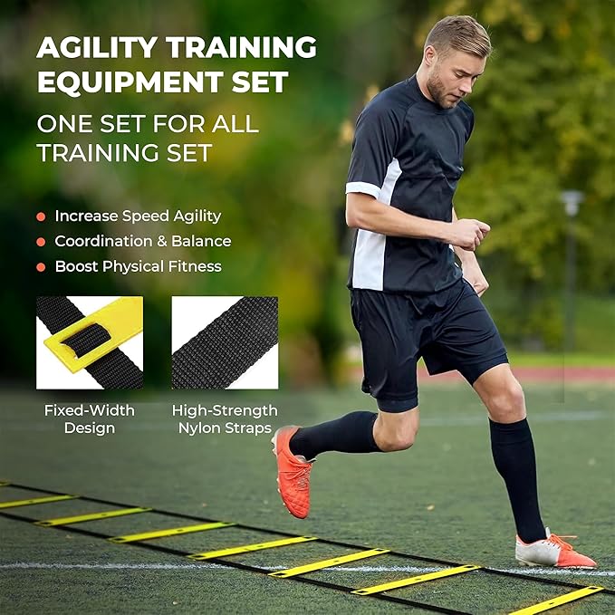 Agility Ladder Speed Training Equipment Set-2x 20ft Agility Ladder,12 Soccer Cones,4 Adjustable Hurdles, Jump Rope, Running Parachute| Basketball Football Soccer Training Equipment for Kids Adults