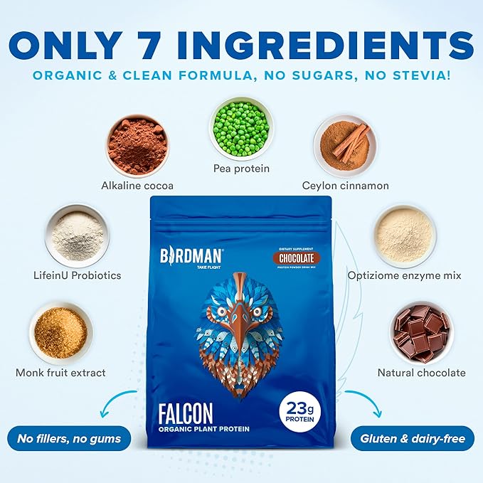 Falcon Vegan Protein Powder Organic, Stevia & Sugar Free, Plant Based Protein, Low Carb, Dairy Free, Keto, Non Whey Protein, Probiotic, Pea Protein | Chocolate Flavor - 60 Servings - 3.9lb