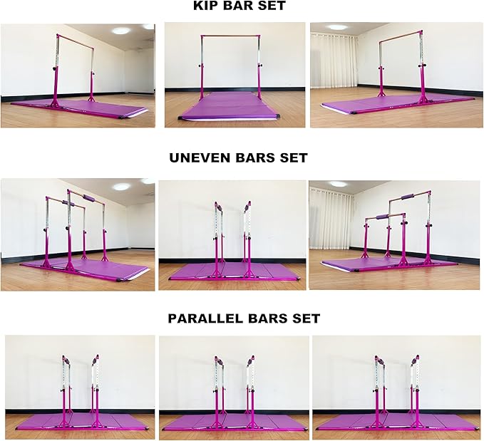 Gymnastics Double Horizontal Bars 3Play Parallel Bars Uneven Bars Gymnastics Training Kip Bar with 304 Stainless Steel Regulating Arms & Fiberglass Rail for Indoor Outdoor Home Club Use