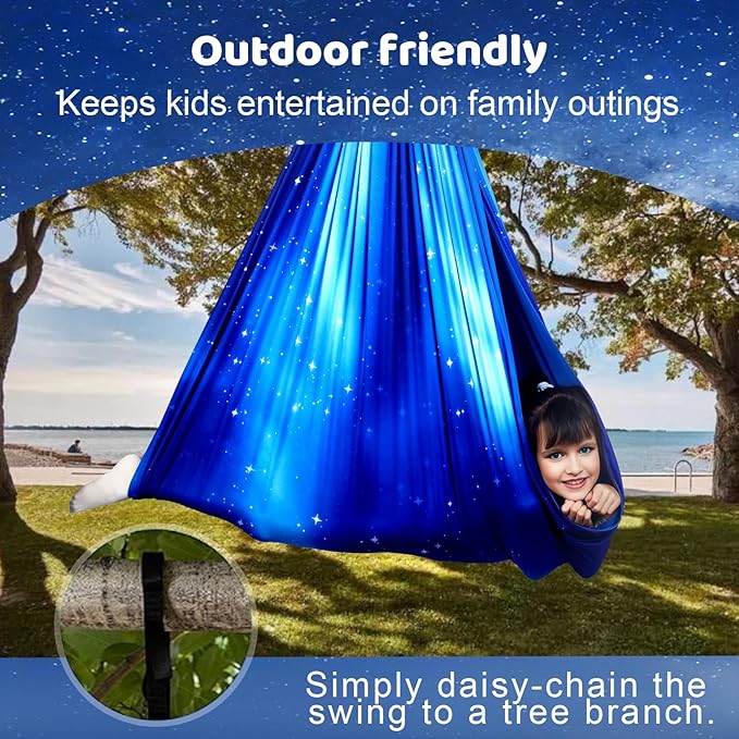 Double Layer Sensory Swing for Kids & Adults Holds up to 300lbs Indoor and Outdoor Therapy Cuddle Swing with 360° Swivel Hanger Kit Adjustable with Aspergers Autism ADHD (Star Blue)