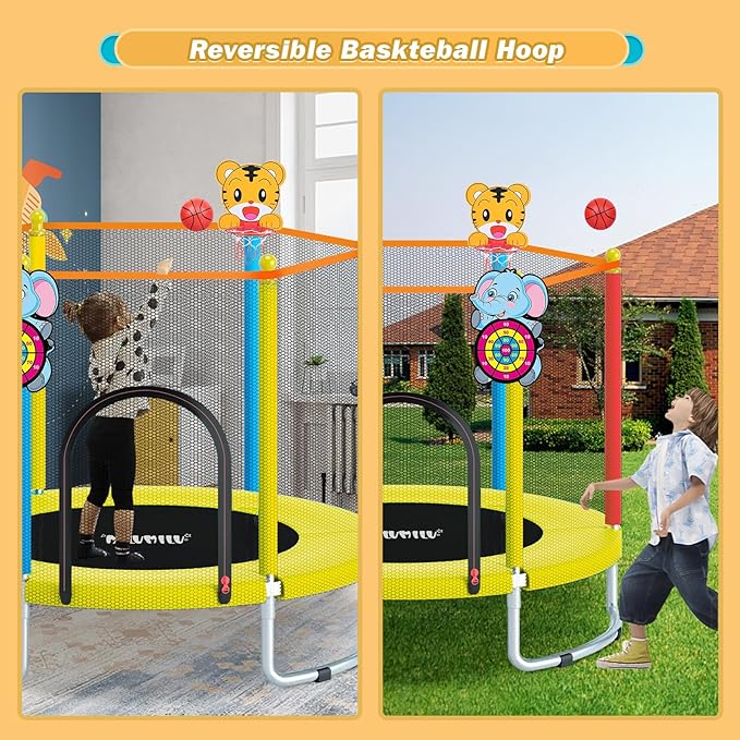 60" Indoor Outdoor Trampoline for Kids,MILUMILU Mini Baby Trampoline with Safety Enclosure Net, Basketball Hoop, Jumping Mat - Birthday Gifts for Children Boy Girl.