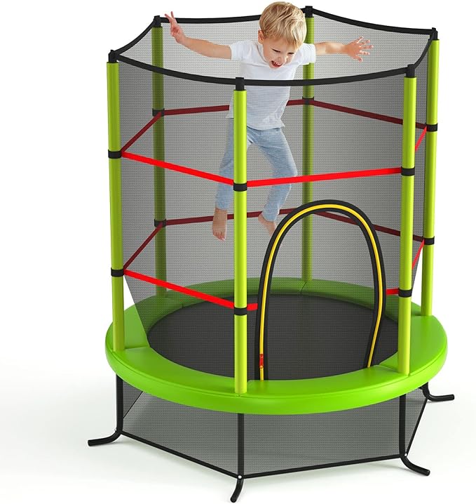 GYMAX Toddler Trampoline, 55” Trampoline for Kids with Bottom-to-Top All-Round Enclosure Net & Seamless Jumping Mat, ASTM Approved Easy Assembly Kids Mini Trampolines Indoor/Outdoor