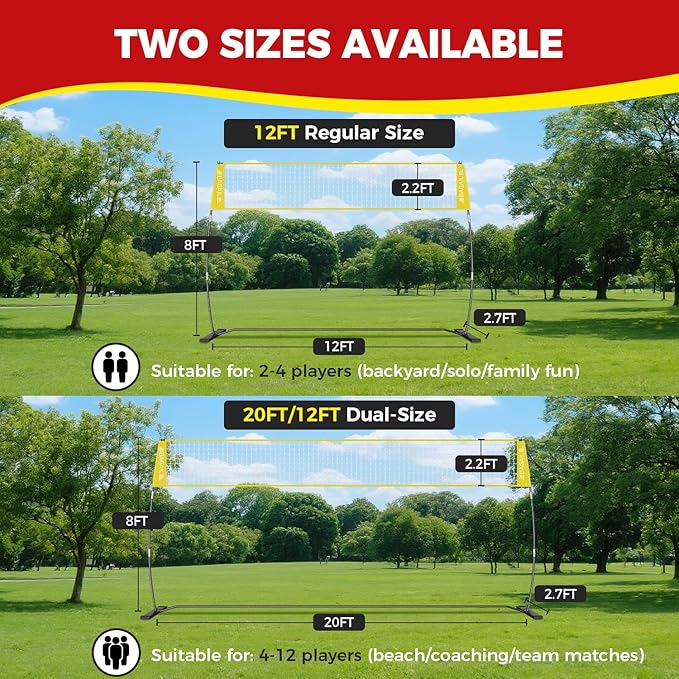 BAGAIL Volleyball Net, 12ft/20ft Portable Volleyball Net for Backyard - Adjustable Height, Heavy-Duty Frame, Freestanding Design - Portable Outdoor/Indoor Volleyball Set with Carry Bag