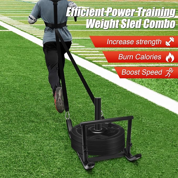 GDFISH Large Weight Sled, Adjustable Height Handle Push Sleds, Workout Fitness Sled for Training Running Speed, Compatible with 1" & 2" Weight Plate, Easy Obstacle Clearance for Grass, Sand, Cement