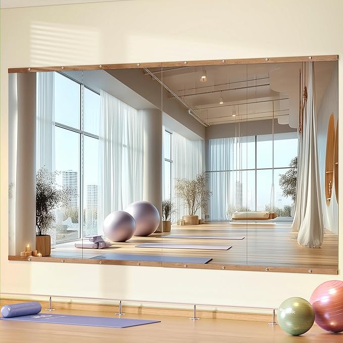 Hasipu 4Pcs 48''x24'' Home Gym Mirror Large Full Length Wall Mounted Full Body Mirror for Yoga Dance Fitness Exercise Studio Bedroom Garage, Frameless Tempered Glass Workout Mirrors Walnut Rectangular