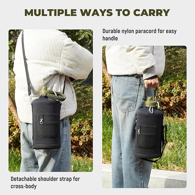 COKTIK 128 oz Insulated Water Bottle, Triple Wall Stainless Steel Flask, Keeps Drinks Cold for 48 Hrs Leak-Proof & BPA-Free Half Gallon Jug with Paracord Handle, Straw & Spout Lids(Army Green)