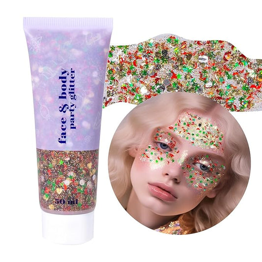 DAGEDA Body Glitter Gel, Face Glitters Body Gel Sequins Shimmer Liquid Eyeshadow, Chunky Glitter for Face Hair, Holographic Cosmetic Laser Powder Festival Glitter Makeup1.7oz (Christmas)