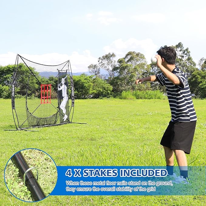 7'X7' Baseball Softball Practice Net,Pitching Net,Batting Net,with Baseball Tee,Bonus Strike Zone and Bow Frame,for Hitting,Pitching, Catching