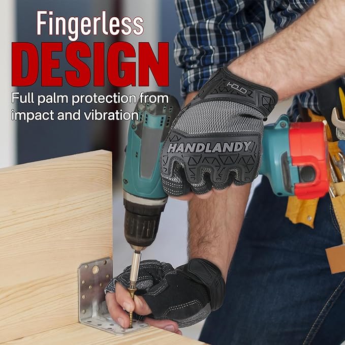 HANDLANDY Fingerless Work Gloves for Men, Padded Half Finger Tactical Mechanics Gloves, Utility Trucker Driver Gloves (Grey, X-Large (Pack of 1))