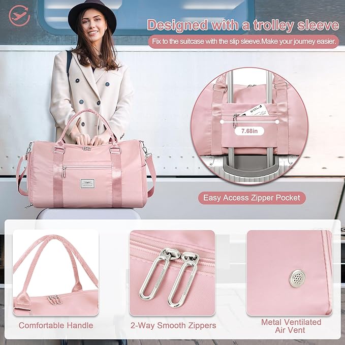 FIORETTO Womens Gym Tote Duffle Bag with Toiletry Bag, Sports Duffel Overnight Hospital Workout Carry on for Girls with Wet Pocket & Shoe Compartment, Ideal for Travel, Swimming, Dance Pink