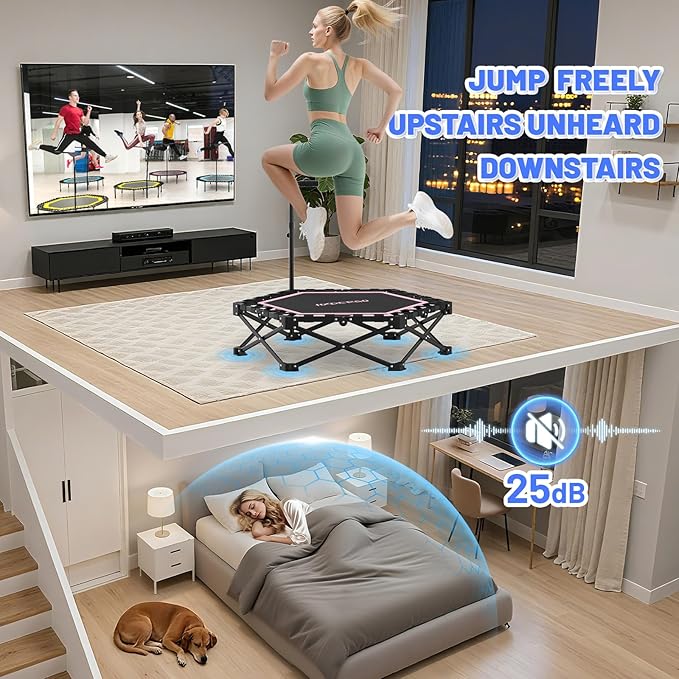 Foldable Mini Trampoline, Rebounder Trampoline with Adjustable Foam Handle, Fitness Trampoline for Indoor, Outdoor, Home Gym, Max Load 460 lbs