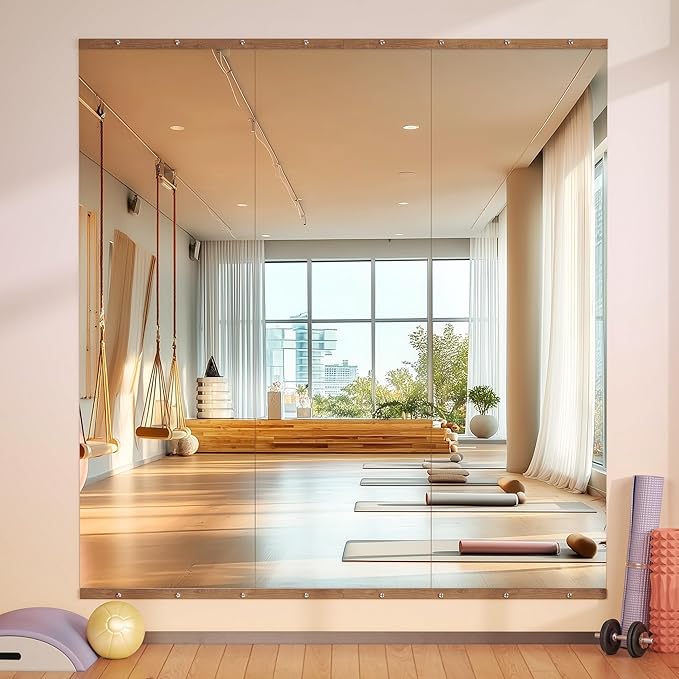 Hasipu 3Pcs 55''x17'' Home Gym Mirror Large Full Length Wall Mounted Full Body Mirror for Yoga Dance Fitness Exercise Studio Bedroom Garage, Frameless Tempered Glass Workout Mirrors Walnut Rectangular