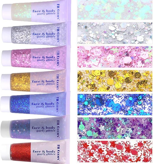 Face Body Glitter, Hair Glitter Sparkles Chunky Face Glitter Gel for Girls Makeup Singer Concerts Mermaid Festival Sequins Face Paint (White+Silver+Pink+Gold+Blue+Purple+Red)