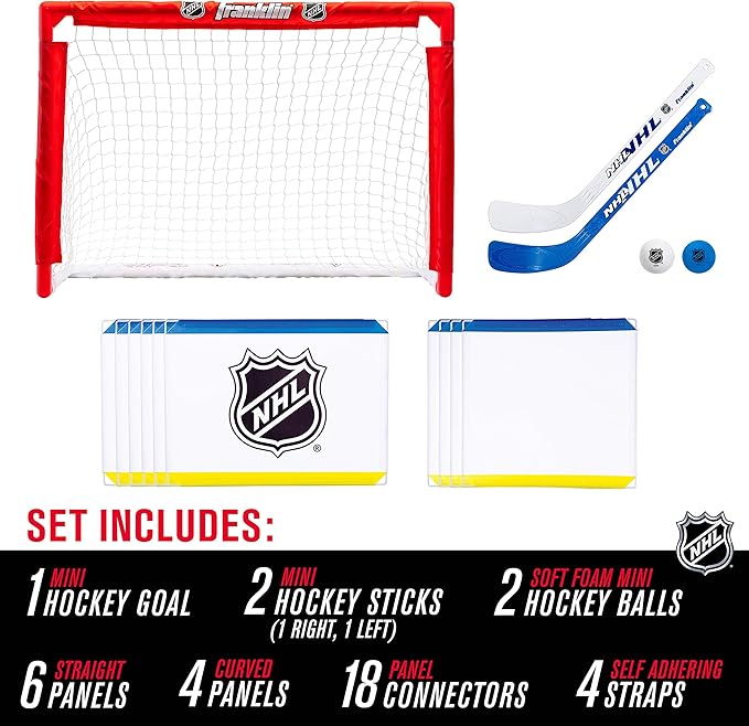 Franklin Sports Mini Hockey Rink Set - Half Rink Knee Hockey Goal, Mini Sticks, and Ball Set - Indoor Mini Hockey Rink - Official NHL Licensed White