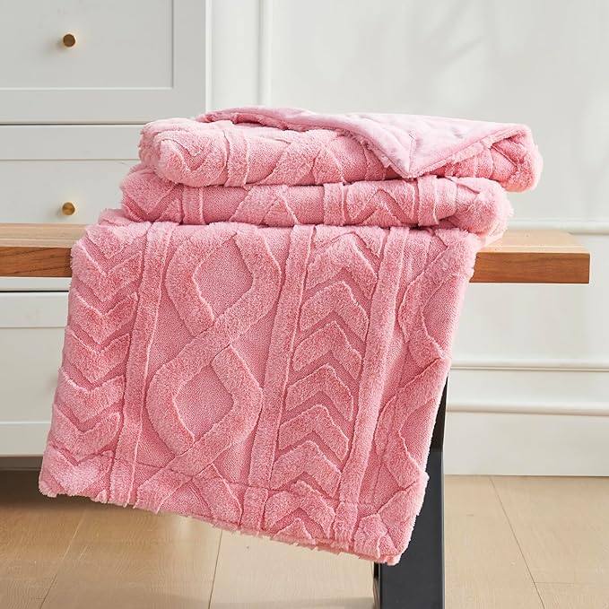 Cozy Bliss Faux Fur Throw Blanket for Couch, Jacquard Fuzzy Plush Soft Thick Winter Throw Blanket for Sofa Bed Living Room Bedroom, 50 * 60 Inches Hot Pink