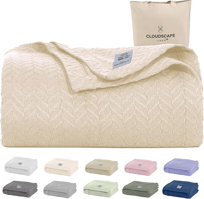 Cloud Scape Linen 100% Cotton Queen Size Blanket, Herringbone Pattern, Lightweight Summer Blanket,Best Gifts for Women, fits Full Size Bed, 92 x 92, Ivory