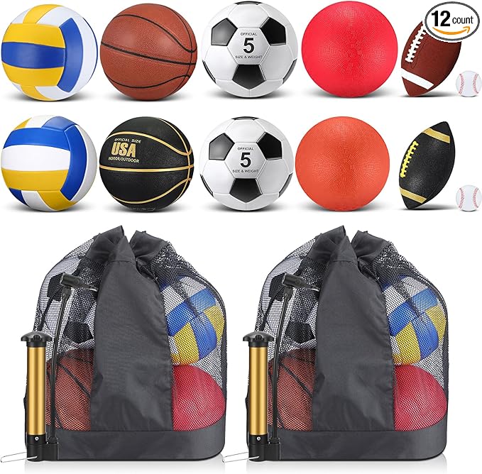 Deekin 12 Pcs Assorted Sport Ball Set Official Size Basketball, Football, Volleyball, Soccer, Baseball, Playground Ball with Bag and Pump Gift for Kid Youth Adult Back to School