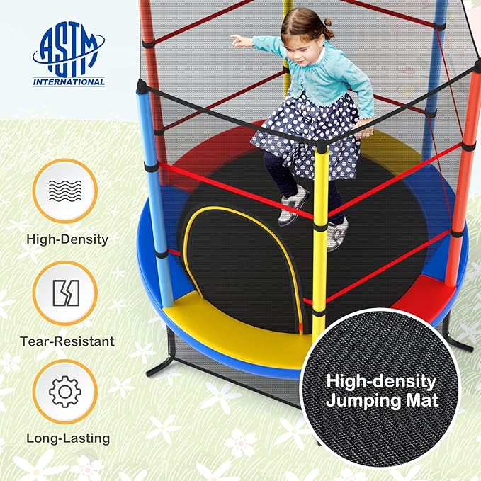 GYMAX Toddler Trampoline, 55” Trampoline for Kids with Bottom-to-Top All-Round Enclosure Net & Seamless Jumping Mat, ASTM Approved Easy Assembly Kids Mini Trampolines Indoor/Outdoor