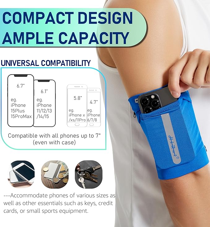 HiRui Running Armband Sleeve Universal Sports Armband Cell Phone Holder Armband for Exercise Workout, Compatible with iPhone 16/15/14/13/Plus/Pro Samsung Galaxy All Phones (XL, Blue)