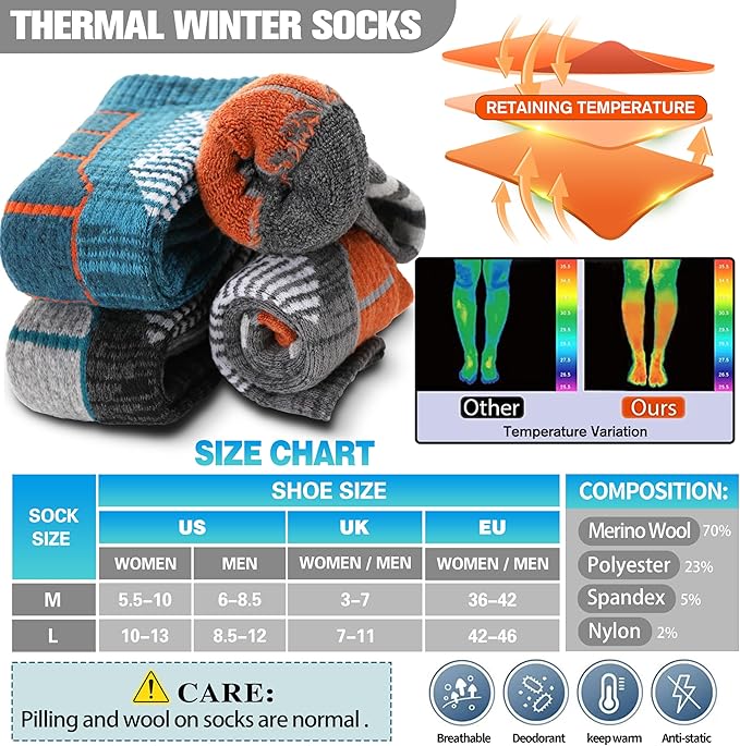 Anlisim 3 Pairs Unisex Merino Wool Ski Thermal Warm Thick Knee High Long Socks
