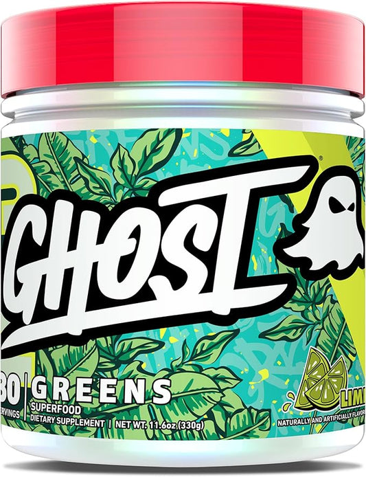 GHOST Greens Powder, Lime - 30 Servings - 19 Superfood Greens & Reds Powder, Fruits, Vegetables, Spirulina, & Chlorella, Prebiotics, 10 Billion CFU Probiotic & Digestive Enzymes - Gluten-Free