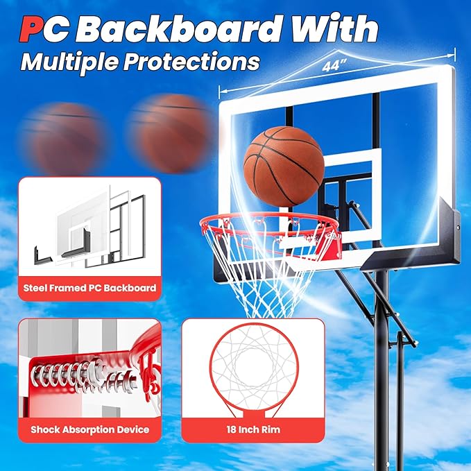 Basketball Hoop 44 Inch Backboard Protable Basketball Hoop Outdoor, 4.8-10ft Height Adjustable Basketball Goal System for Kids Youth Adults Play in Backyard/Courts/Indoor