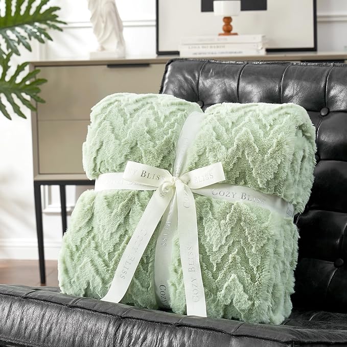 Cozy Bliss Faux Fur Throw Blanket for Couch - Soft Fuzzy Cozy Throw Gift Blankets for Women,Sage Green Boho Blanket for Sofa Bedroom Living Room.50 * 60 Inches