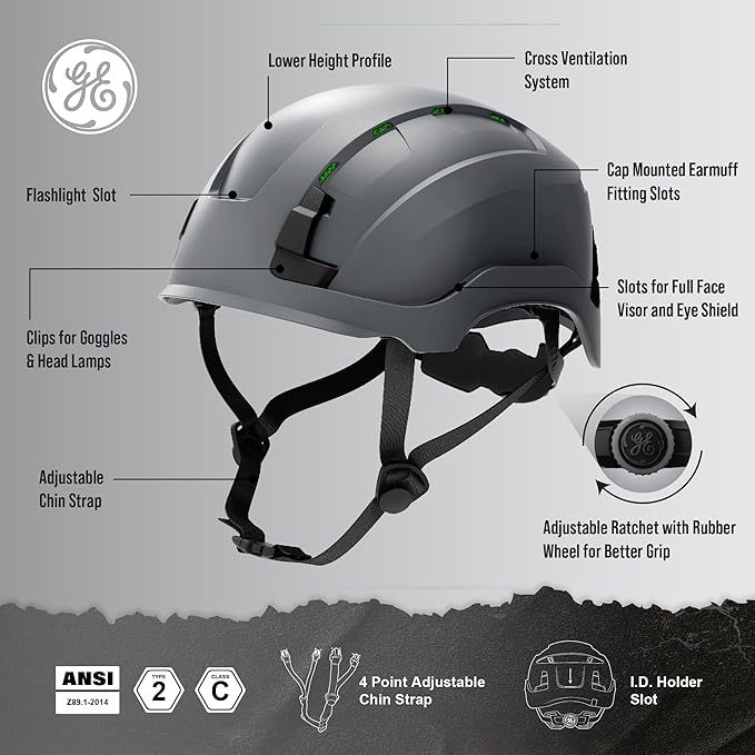 GE Safety Helmet: ANSI Type 2 Class G & E, Advanced Impact Technology, Ultra Comfortable Memory Foam, Heat Stress Reduction, Compatible with Accessories, Adjustable Size OSHA Approved