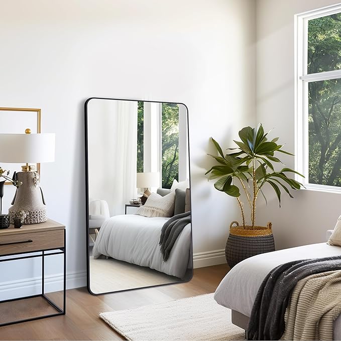 FORBATH Large Bathroom Mirror 36 x 55 Inches，Black Large Wall Mirror Aluminum Frame Wall Mounted Rounded Corner Morndern Mirror for Bathroom Bedroom Entryway Living Room