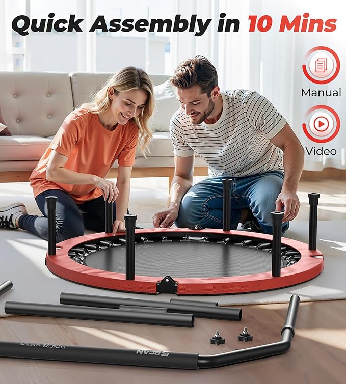 BCAN 40"/48" Foldable Mini Trampoline, Rebounder Trampoline for Adults, U/T Shape Adjustable Foam Handle, Exercise Rebounder for Adults Indoor/Garden Workout, Max Load 330lbs/440lbs