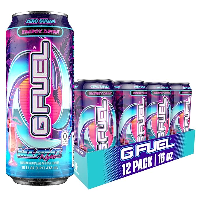 G Fuel Energy Drink, Strawberry Pina Colada, Sugar Free Beverage with 140mg Caffeine, Daily Energy Boost with Focus Amino, Vitamin + Antioxidants, 16 oz Cans (Miami Nights, 12-Pack)