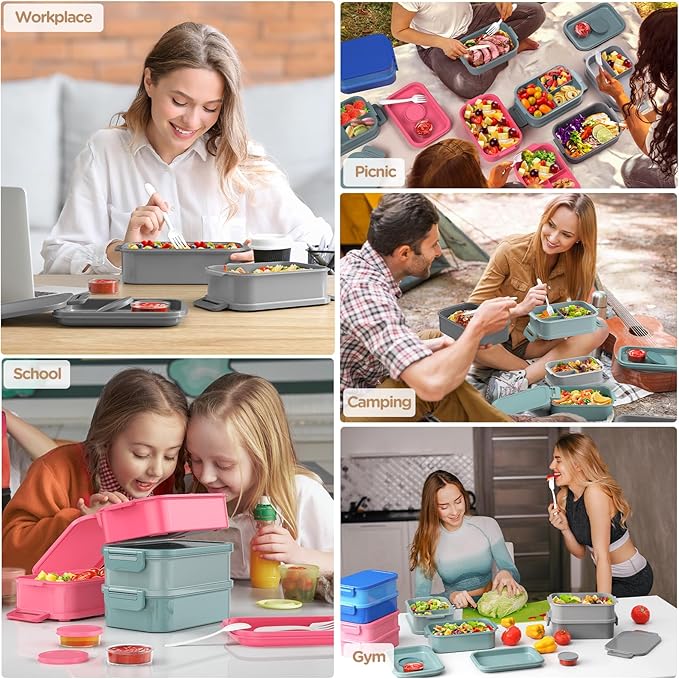 DaCool Adults Lunchbox Bento Box - 74 OZ All-in-One Stackable Lunch Box for Adults Men Women Teens Leakproof Bento Large Lunch Box Containers with Fork Spoon Sauce Box for Dining Out Work School,Grey