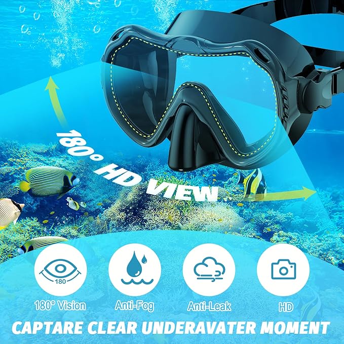 Full Face Snorkel Mask, Snorkeling Gear for Adults Men and Women, 180 Degrees Panoramic View Snorkel Set Anti-Fog Anti-Leak, Dry Top System and Travel Bag for Swimming, Snorkeling